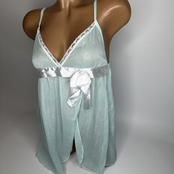 Y2K Sparkle Sheer Lace Slip Dress Blue Bow Lingerie Medium Angelcore Coquette - Picture 13 of 13